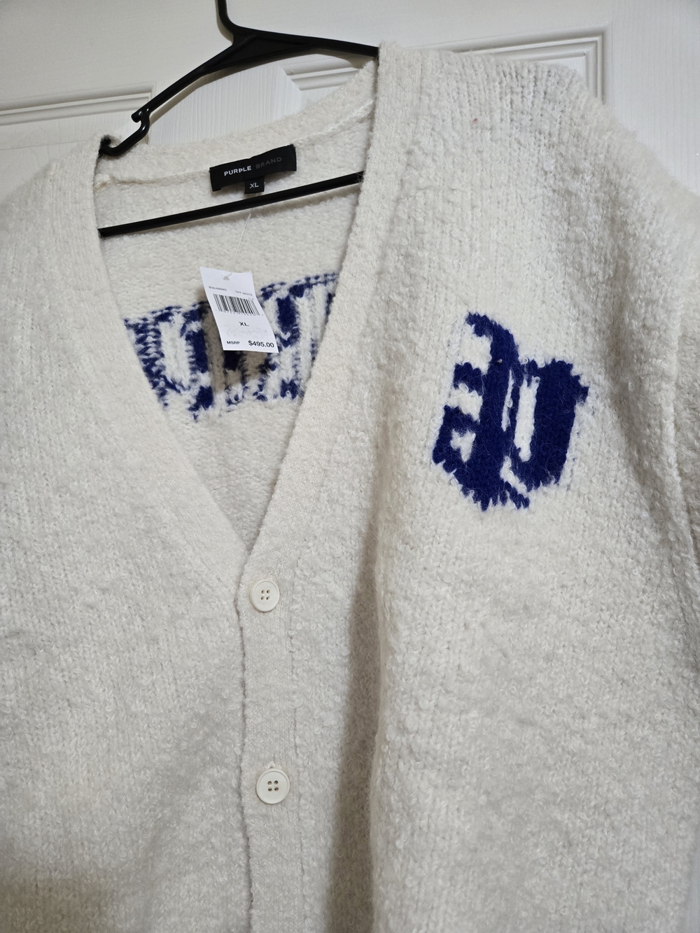 Purple Label Men's Cream Cardigan with Blue Logo